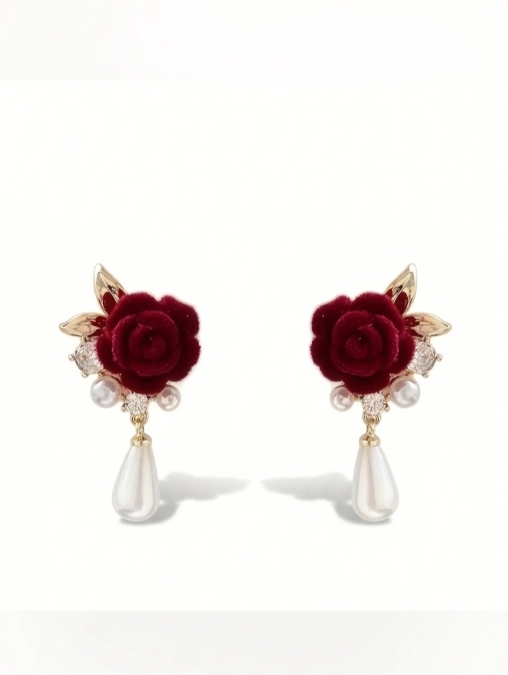 🆕️ Red Rose Pearl Drop Stud Earrings - Elegant Floral Jewelry NWOT